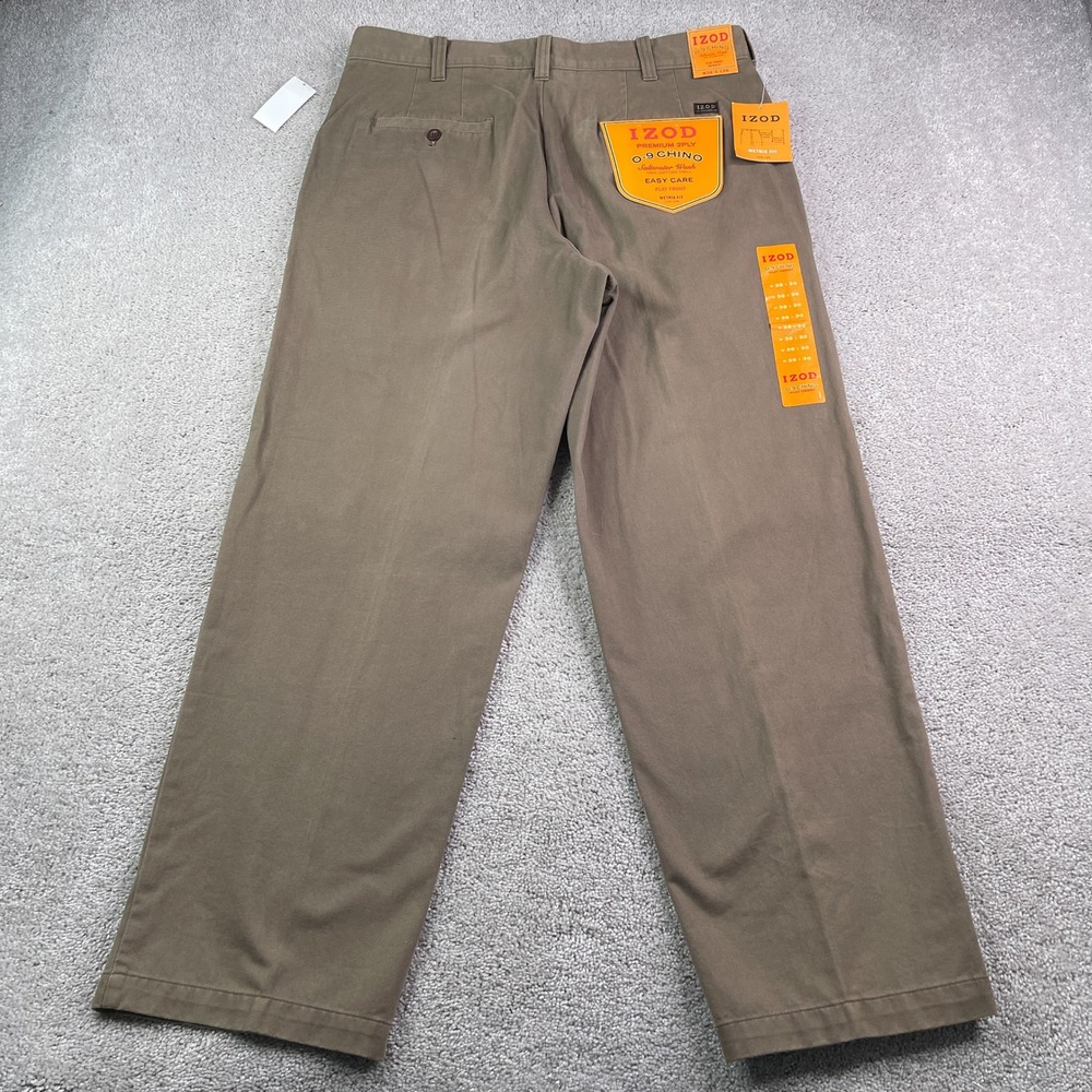 NEW IZOD Pants Mens 36x30 Brown Flat Front 0-9 Chino Metrix Fit Business Slacks